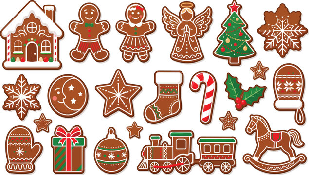 Detailed collection of festive christmas gingerbread cookies depicted as a flat vector on transparent background