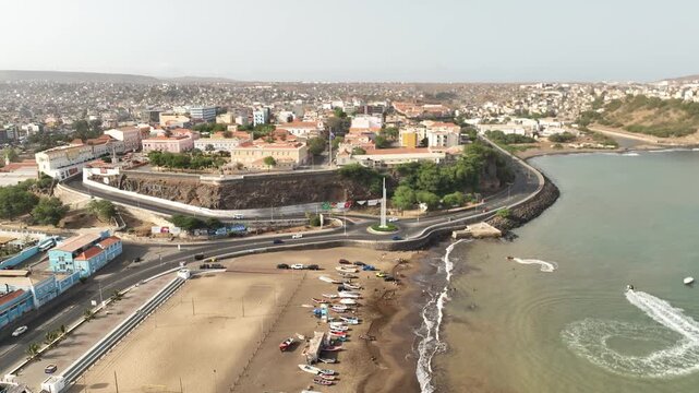 Praia, Cape Verde - Gamboa beach and the colonial Plateau old town, aerial drone view