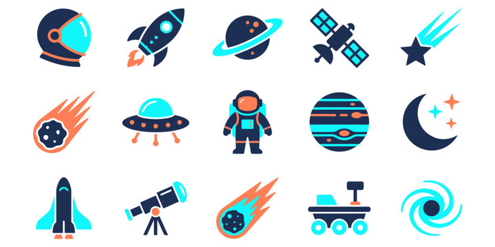 Space and astronomy flat vector icon set featuring rocket astronaut planet satellite and telescope.