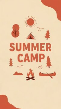 Animated summer camp poster with tent, campfire, canoe and nature icons in warm beige and orange tones, vertical triptych with subtle pan motion