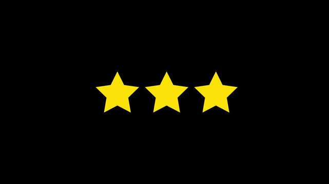 Three golden stars rating animation for customer review and feedback icon animation on a black background,with 4k video,