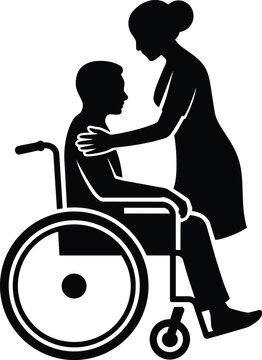 Caregiver assisting a person in a wheelchair, professional medical support and patient rehabilitation help for senior or disabled citizens and nursing
