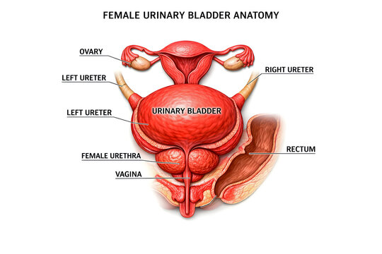 Human Urinary Bladder Anatomy Medical Illustration with Ureter, Urethra and Bladder Structure Labels

