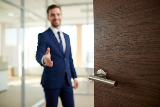 Businessman in suit extending hand for handshake through open door invitingly greeting someone entering office for successful business meeting appointment.