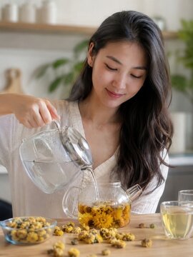 Top 5 chinesische Getr&auml;nke: Junge Frau gie&szlig;t hei&szlig;es Wasser &uuml;ber Chrysanthemenbl&uuml;ten in eine Glaskanne und bereitet aromatischen chinesischen Bl&uuml;tentee frisch zu.