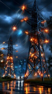 Sparking high-voltage towers glow dangerously against a stormy night sky, illuminating wet roads as a vehicle approaches the hazardous electrical infrastructure background.