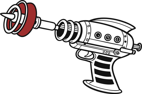 Retro futuristic ray gun vector illustration, vintage sci-fi laser blaster with red accents, mid-century space age toy weapon for comic art