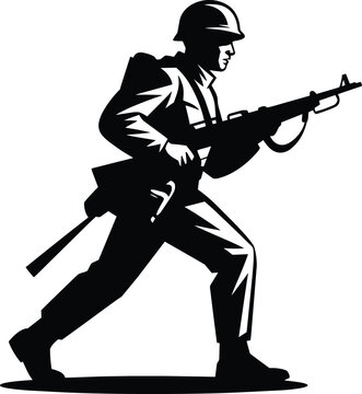 Soldier silhouette running with a rifle, combat infantryman in tactical gear carrying weapon during mission, black and white ink drawing