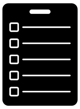 Black clipboard checklist icon with five blank rows for task management.