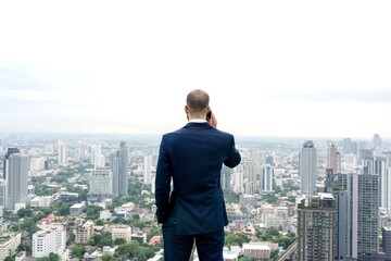 Man in a suit on a rooftop, overlooking a cityscape while on the phone. © Rawpixel.com