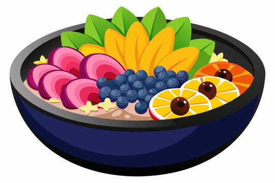 Colorful vector illustration of a healthy fruit bowl containing fresh sliced berries and tropical fruit