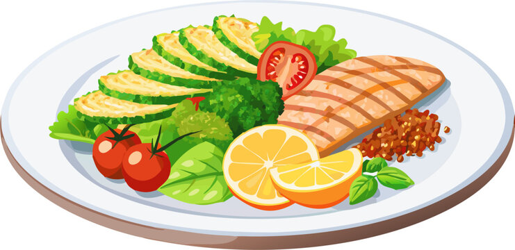 Grilled salmon fillet served with fresh sliced zucchini and vibrant colorful vegetables on a plate