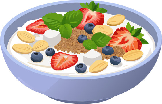 Healthy breakfast bowl featuring fresh strawberries blueberries and oats in a smooth vector graphic art style