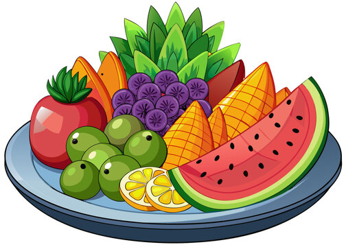 Vibrant vector illustration featuring a delicious assortment of fresh colorful fruits served on blue plate