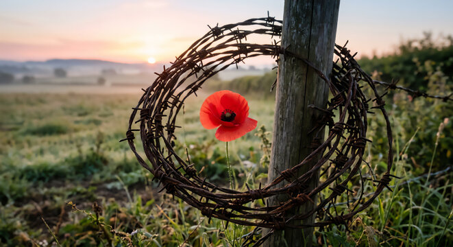 Red poppy flower blooming through rusty barbed wire fence at sunrise, symbol of hope and resilience, generative AI