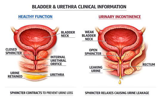 &ldquo;Clinical 3D medical illustration showing bladder urethra functional comparison &mdash; healthy sphincter control vs urinary incontinence, educational infographic layout, pure white background.&rdquo;