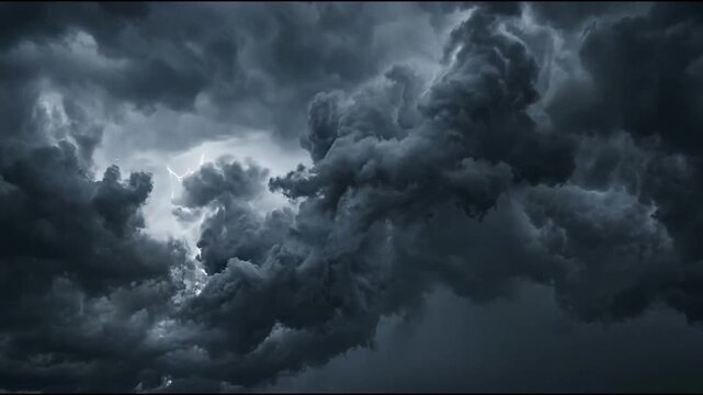 Dark storm clouds with intense lightning flash.