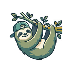 Obraz premium A cute cartoon sloth wearing a cap hangs from a tree