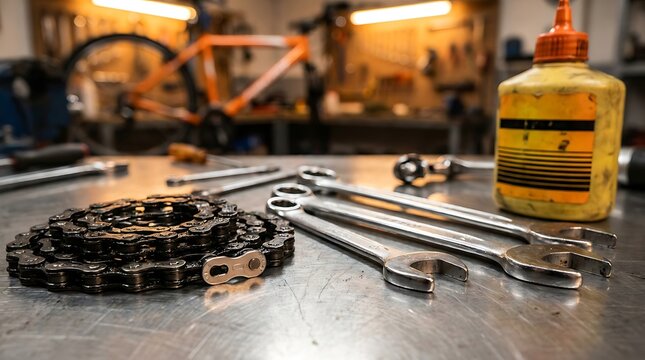 Bicycle chain and wrenches on metal workbench workshop with tools and bike frame blurred in background detailed shot of cycling repair equipment maintenance and part cleaning.
