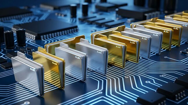 Gold and silver document folders positioned on high tech motherboard showing data organization and file storage concepts within complex electronic digital communication systems.