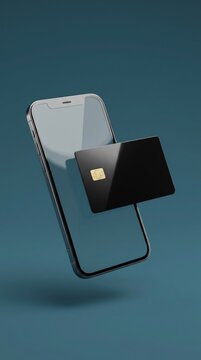 Smartphone with credit card chip on navy color background representing mobile payment and secure online transactions
