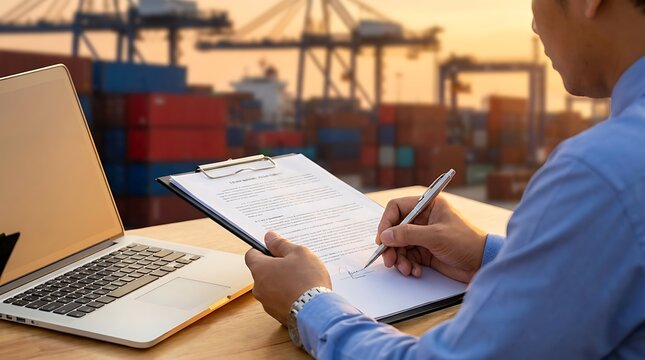 Man signing contract in port logistics business working on laptop with cargo containers and cranes in background during sunset overview.