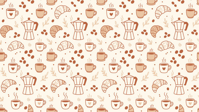 Coffee shop morning ritual seamless pattern background.