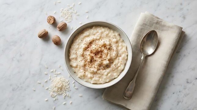 A delicious bowl of creamy nutmeg rice pudding served with a silver spoon on a white marble tabletop for a cozy homemade dessert and comfort food treat