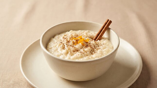 A creamy bowl of nutmeg rice pudding served in a white bowl with a cinnamon stick and orange zest on top, perfect for a cozy homemade dessert or snack