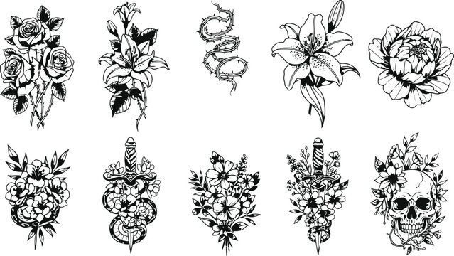 A collection of engraving vintage floral and skull motifs with a dagger and serpent for decorative design elements