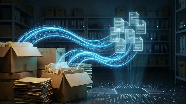 Digitization of paper documents into digital files, scanning old archives, data transfer via luminous blue energy streams to cloud storage and computer circuits.