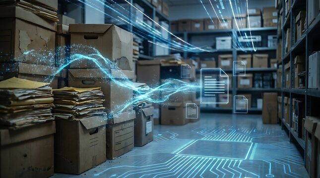 Warehouse digitization, transforming paper documents into digital data, information flow via luminous blue energy streams on circuit board background.