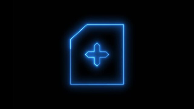 Blue neon medical file with plus sign animation on a black background, healthcare data, digital record, medical management, or clinical software