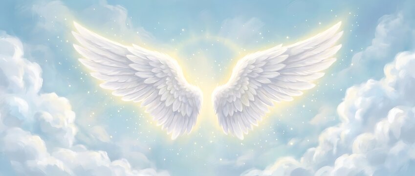 Soft angel wings glowing with heavenly light in a serene blue sky filled with fluffy white clouds and twinkling stars creating ethereal peaceful atmosphere divine angelic inspiration spiritual symbol.