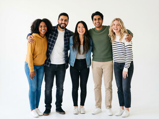 Obraz premium Diverse group of happy friends standing together, smiling multi-ethnic young people in casual clothing, inclusive community of students on white background