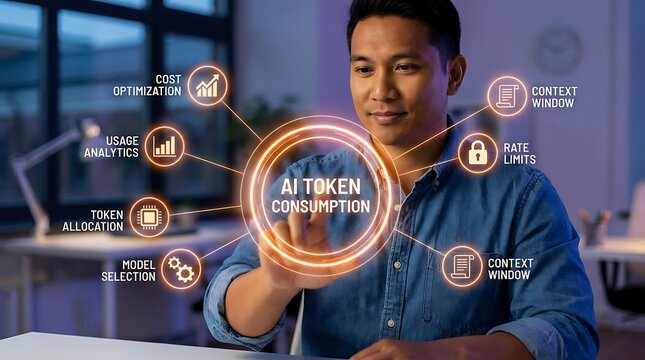 Businessman interacts with futuristic hologram displaying AI token consumption with icons for cost optimization usage analytics token allocation model selection context window and rate limits.