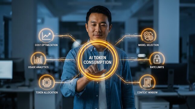 Man interacting with futuristic holographic interface showing AI token consumption metrics like cost optimization usage analytics model selection and rate limits.