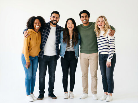 Diverse group of happy friends standing together, smiling multi-ethnic young people in casual clothing, inclusive community of students on white background