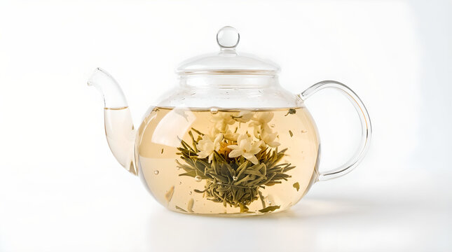 Blooming jasmine tea in clear glass teapot, flowering herbal tea infusion on white background, elegant transparent glass kettle with hot tea