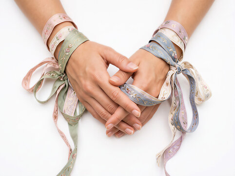 Bohemian silk ribbon bracelets on female hands, elegant fabric wrist wraps in pastel tones, decorative textile jewelry for summer fashion