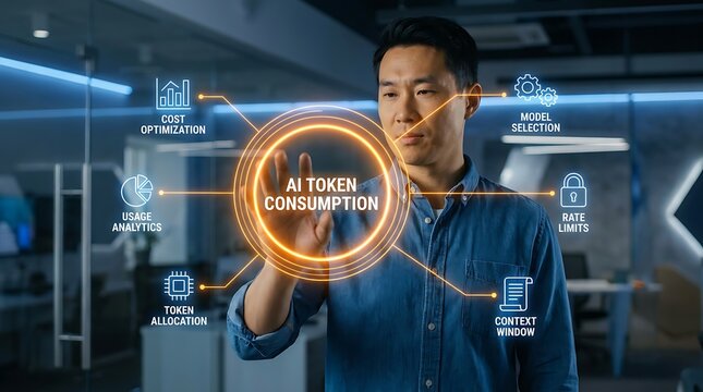 Man interacting with futuristic holographic interface showing AI token consumption metrics like cost optimization usage analytics model selection and rate limits.