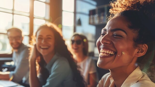 Team members smile while engaging in a lively discussion inside a bright office filled with natural light.