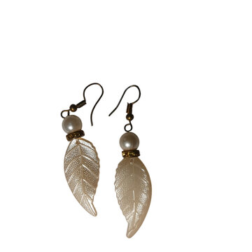 Gold leaf-shaped dangle earrings with brown accents isolated on transparent background