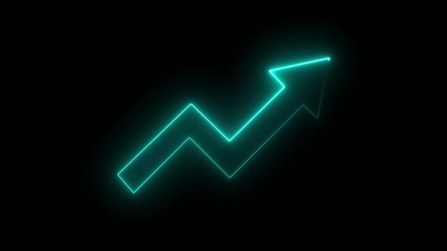 Abstract neon arrow business graph chart icon animation background. Market Recovery Concept. Successful growth trend Green line graph going Up. on the black, background Financial data