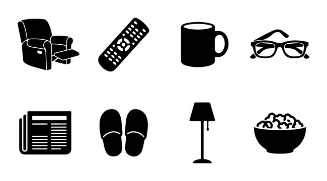 Home comfort icons for armchair, remote control, mug, glasses, newspaper, slippers, lamp, and snacks, outline solid styles, UI and web interface