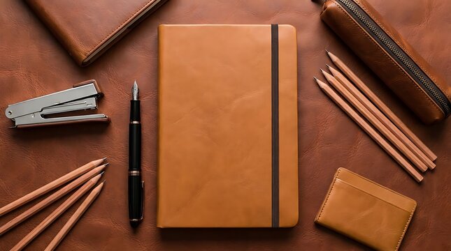 overhead view of leather notebook pens pencils stapler pencil case and card holder on brown textured surface.