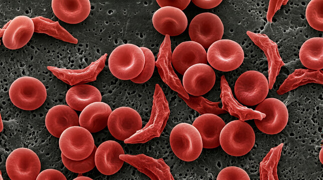Normal red blood cells and sickle cell anemia under an electron microscope.