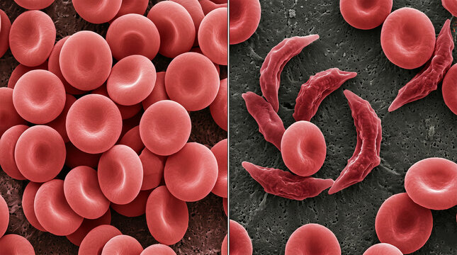 Normal red blood cells and sickle cell anemia under an electron microscope.