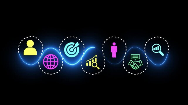 Business professional interact concept on the black background. Digital interface featuring customer targeting icons, data analytics symbols. Motion graphics of professional business idea.