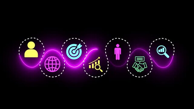 Business professional interact concept on the black background. Digital interface featuring customer targeting icons, data analytics symbols. Motion graphics of professional business idea.